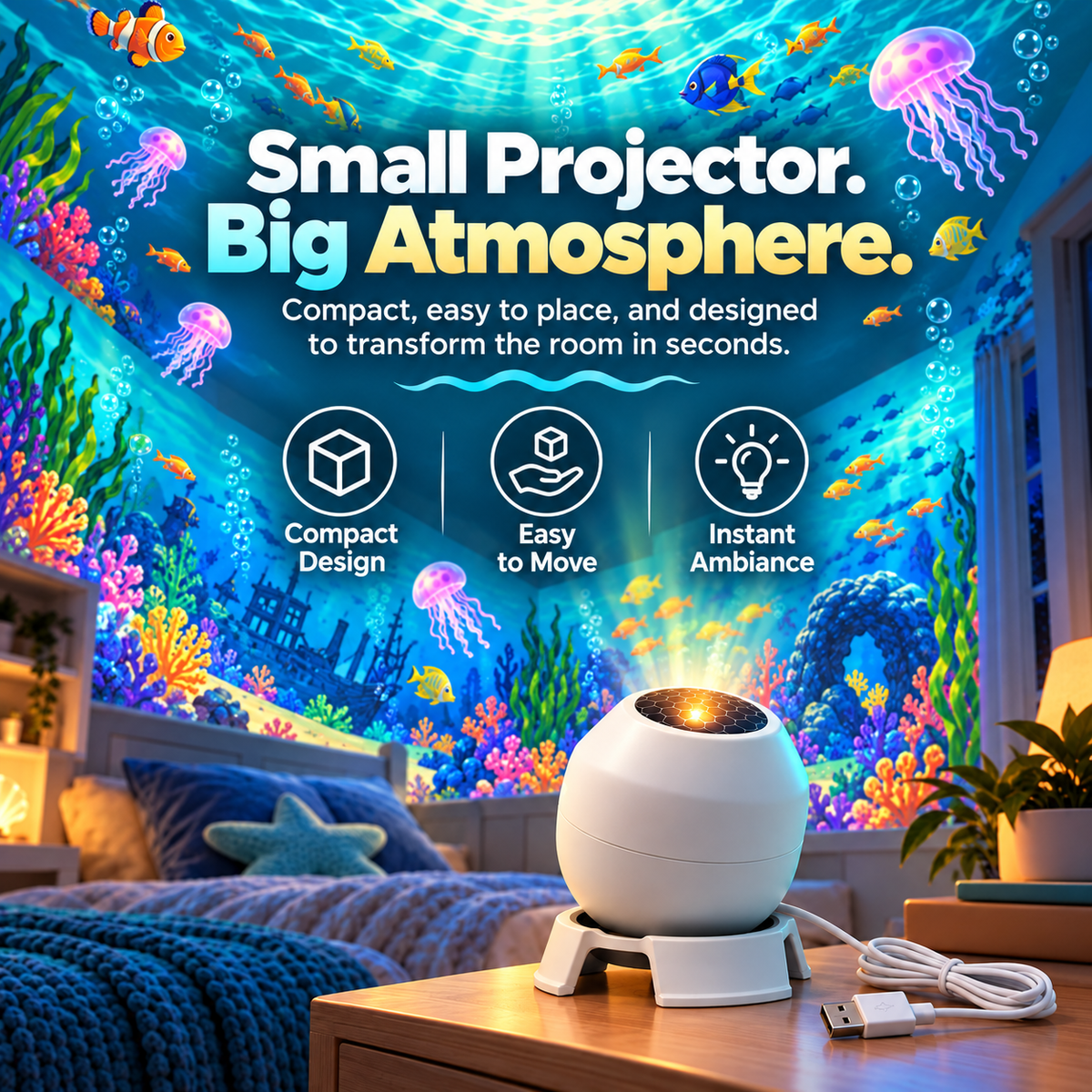 🌊 Ocean Glow Underwater Projection Light – 360° Adjustable USB-Powered Bedroom Mood Projector