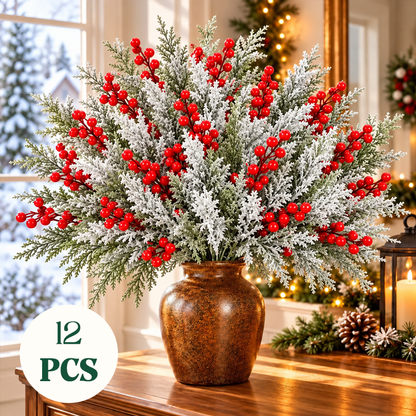 Frosted Pine and Red Berry Christmas Sprigs
