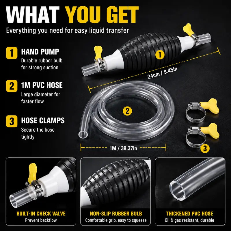 Manual Siphon Pump Kit | Fast Fuel, Water & Oil Transfer Pump with 1M Hose & Hose Clamps for Cars, Boats & Emergency Use