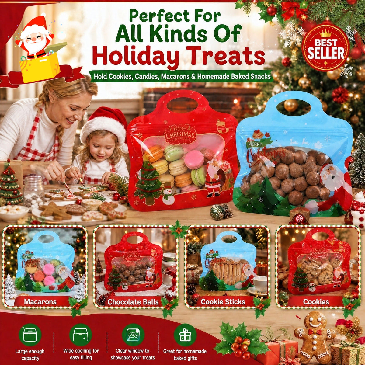 🎅LAST DAY SALE 60% OFF!!🎁Easy Fill, Easy Seal🎄 Festive Self-Seal Treat Bags – Santa & Snowman Print | Resealable, Food-Safe & Perfect for Cookies, Chocolates & Little Gifts⛄