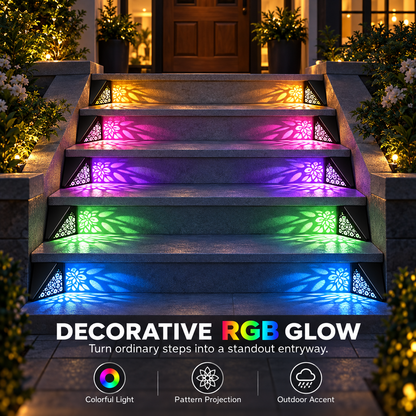 Solar outdoor step lights, IP65 waterproof LED deck/stair lights, color-changing gradient lighting, automatic dusk-to-dawn warm white light, solar-powered.