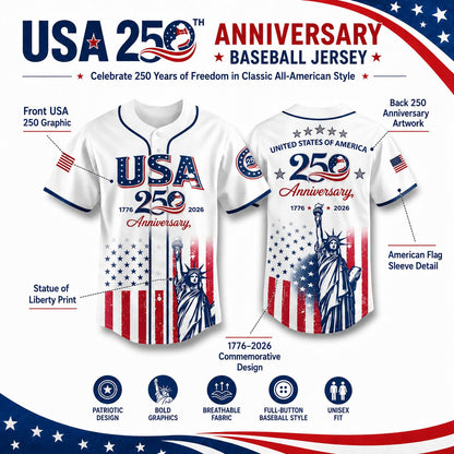 USA 250th Anniversary Baseball Jersey, Patriotic Statue of Liberty Print Shirt, Unisex Independence Day 4th of July Outfit, 1776–2026 Semiquincentennial Patriotic Jersey