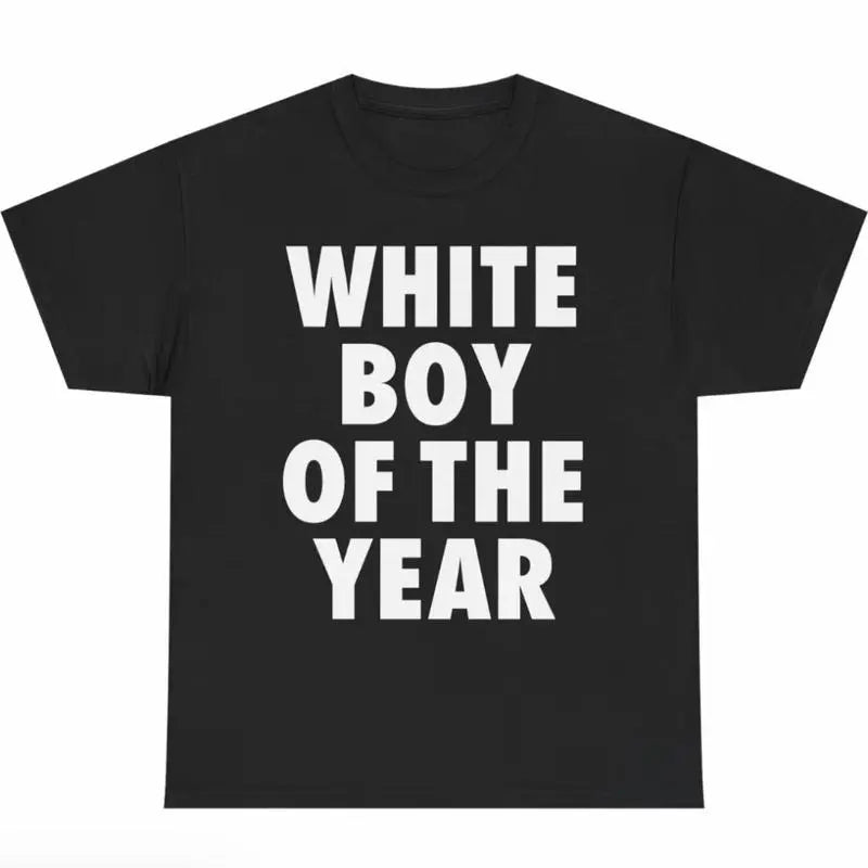 Men's "White Boy Of The Year" Oversized Round Neck Short Sleeve 100% Cotton Funny Graphic Viral Meme T-Shirt - Casual Trending Clothes Menswear (S-XXXXXL) for Pairing with Cargo Pants Crewneck