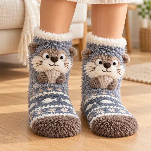 🦊🐦 Cozy 3D Animal Fuzzy Slipper Socks – Cute & Warm House Socks 🦦🦉
