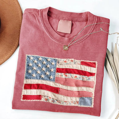 Retro American Flag Shirt, Faux Patchwork USA Tee, Digital Print Shirt, 4th of July Shirt