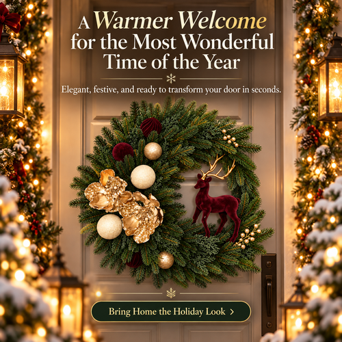 🎄 Luxury Burgundy Reindeer Christmas Wreath – Elegant Champagne Gold Front Door Holiday Decor 🦌✨