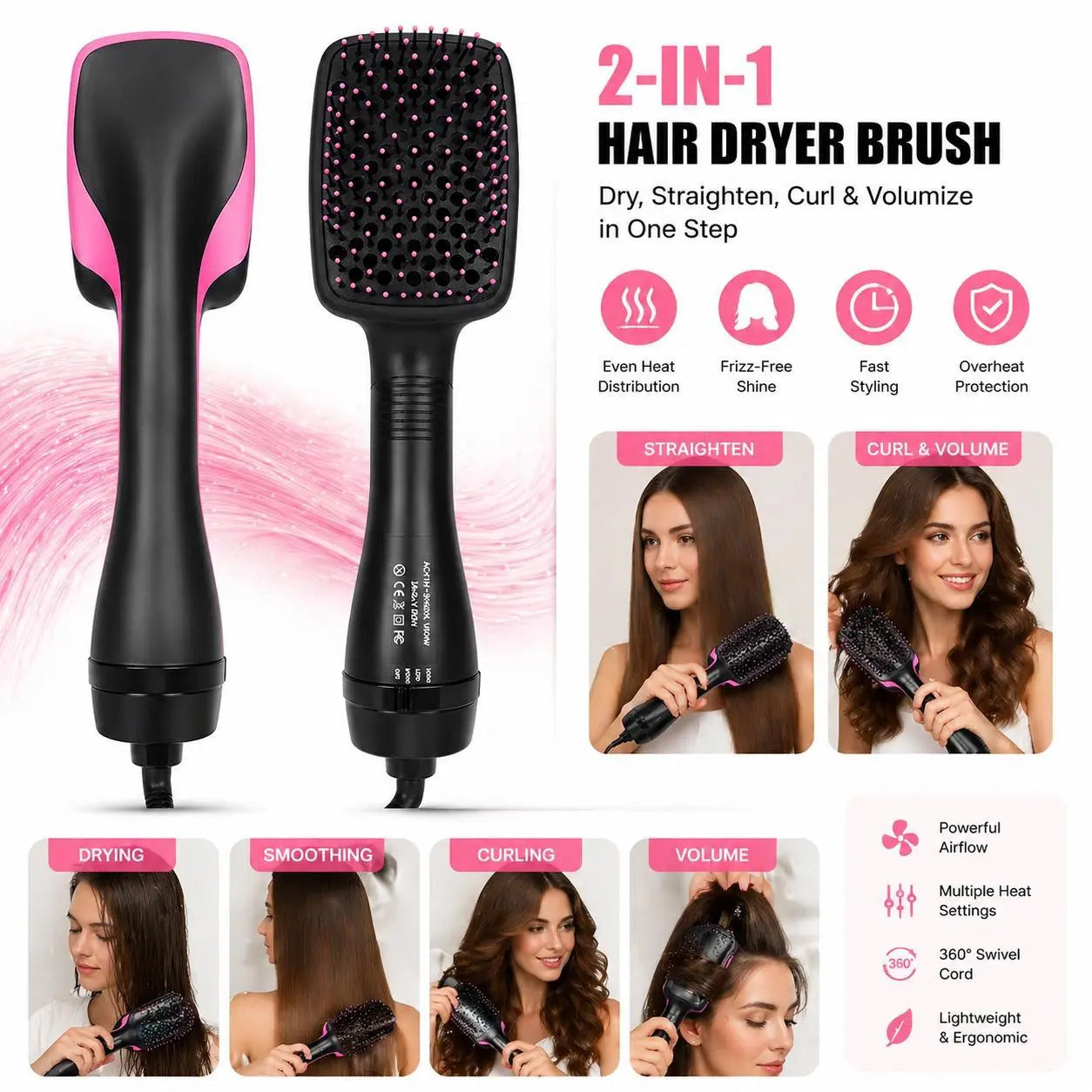 2-in-1 Hair Dryer Brush, Hot Air Brush for Curling & Straightening, Volumizing Blow Dryer Brush for Fast Styling