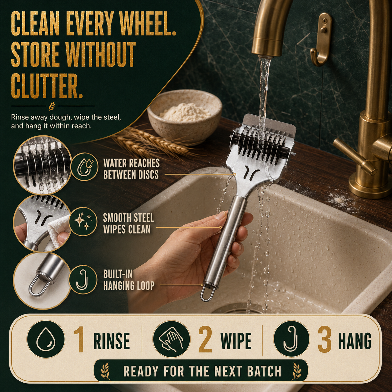 🍝 Stainless Steel 9-Wheel Adjustable Pasta Cutter – Fast & Even Homemade Noodles ✨