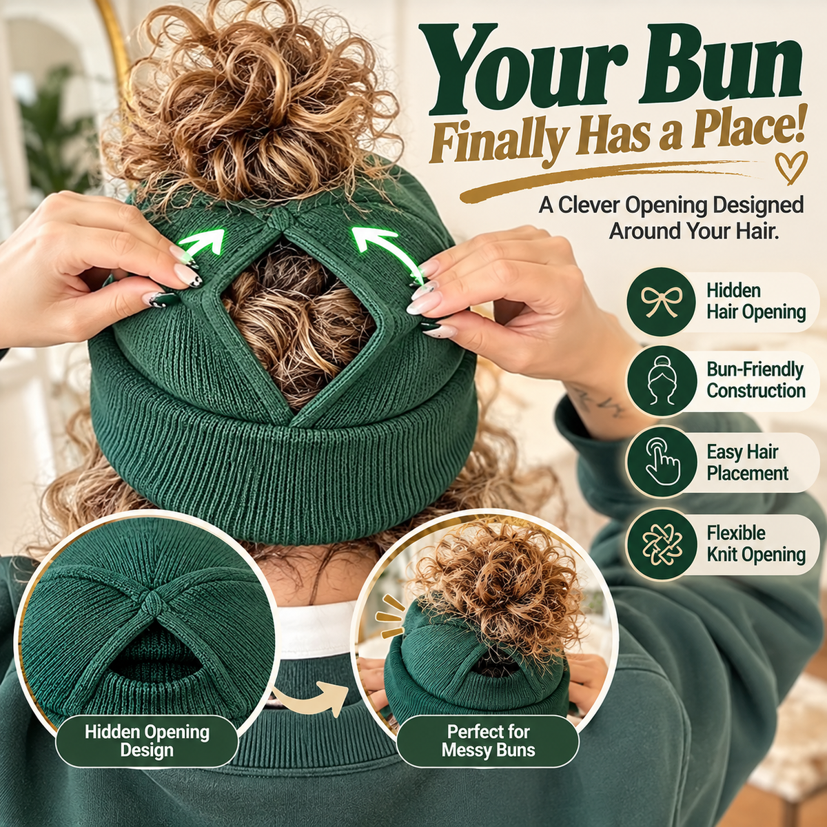 🧶 Messy Bun Beanie – Stretchy Ribbed Knit Hat with Hidden Ponytail Opening for Curly Hair & Winter Style ✨