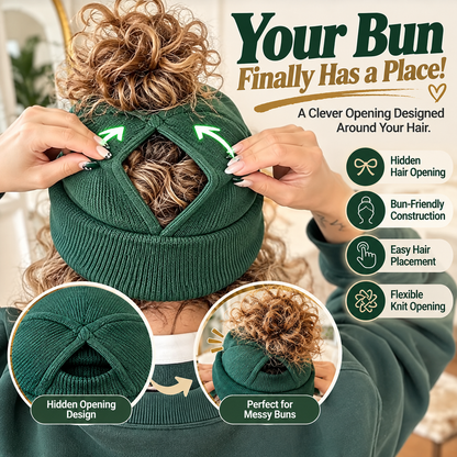 🧶 Messy Bun Beanie – Stretchy Ribbed Knit Hat with Hidden Ponytail Opening for Curly Hair & Winter Style ✨