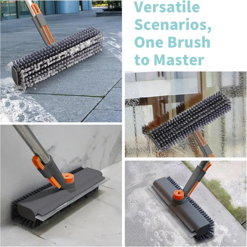 3-in-1 Floor Scrub Bathtub Brush with Long Handle, Double-Sided, Heavy-Duty Stiff Bristles & Squeegee
