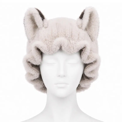 Brand Original Fox Ear Design Plush Satin Hair Bonnet for Sleeping