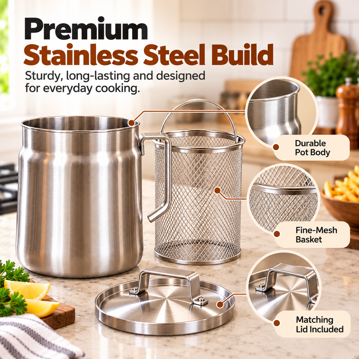 🍟 Stainless Steel Deep Fryer Set with Mesh Basket & Lid
