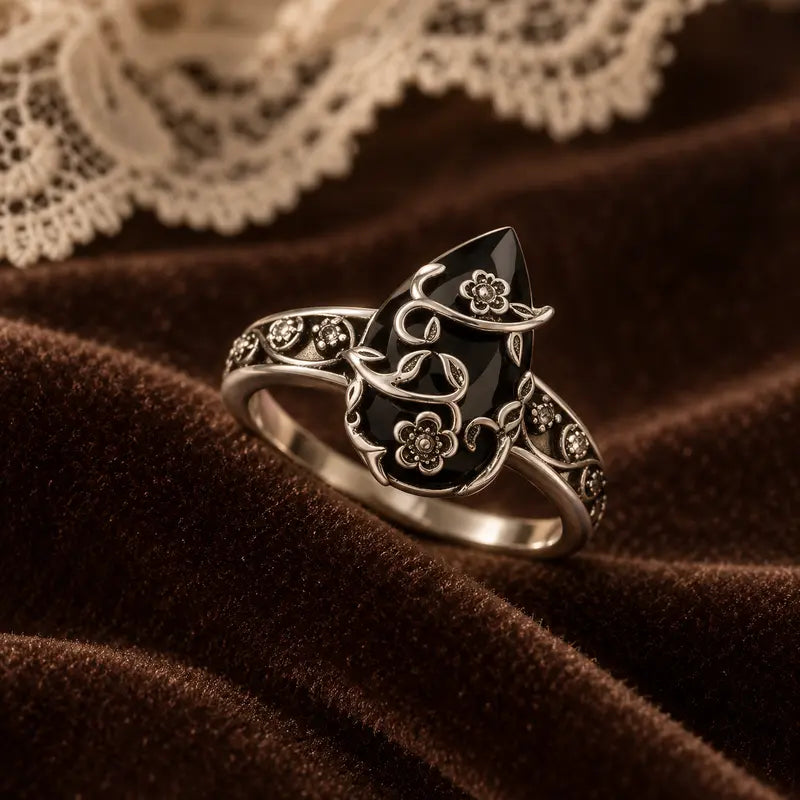 925 Sterling Silver Synthetic Obsidian Ring with Vintage Flower Design