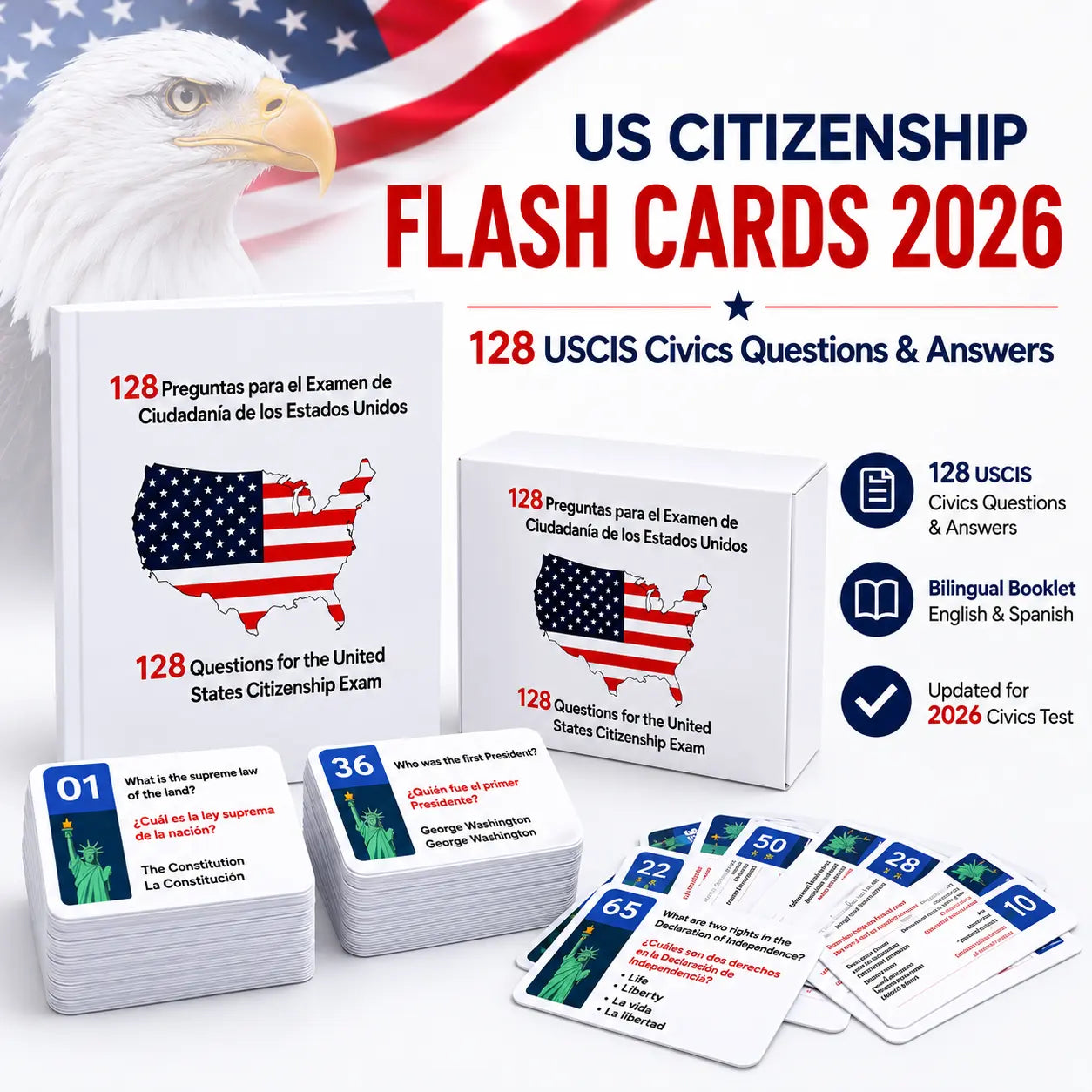 US Citizenship Paper-Printed Flash Cards 2026 - All 128 Civics Questions & Answers (English & Spanish) - Naturalization Study Guide, Ciudadania Tarjetas