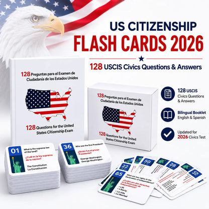 US Citizenship Paper-Printed Flash Cards 2026 - All 128 Civics Questions & Answers (English & Spanish) - Naturalization Study Guide, Ciudadania Tarjetas