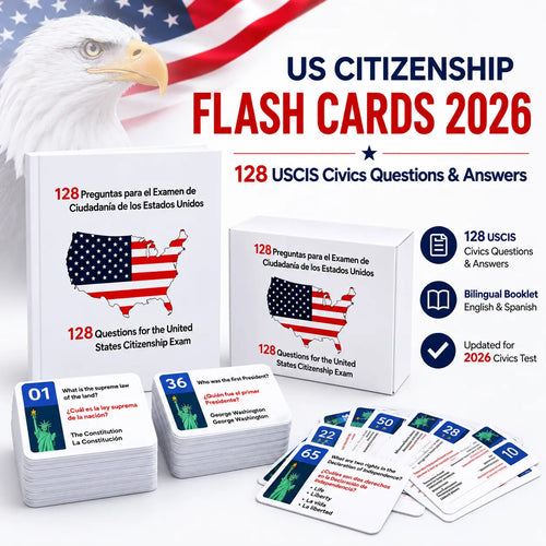 US Citizenship Paper-Printed Flash Cards 2026 - All 128 Civics Questions & Answers (English & Spanish) - Naturalization Study Guide, Ciudadania Tarjetas
