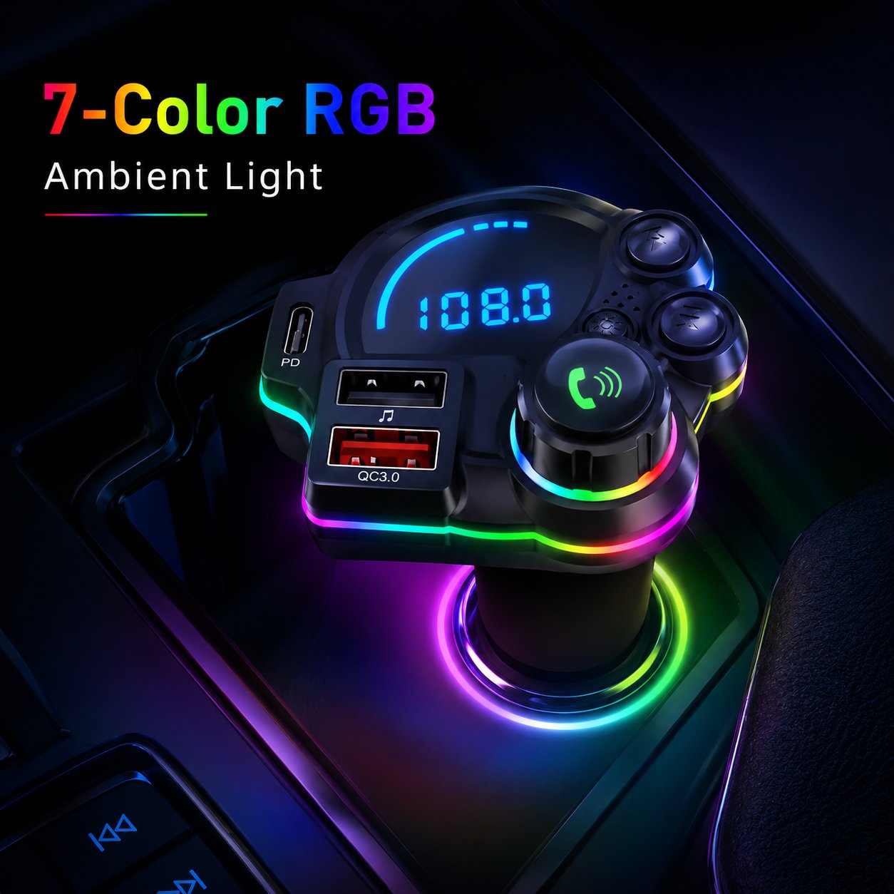 🚗 Bluetooth 5.3 Car FM Transmitter | PD30W+QC3.0 3-Port Fast Charger, RGB Ambient Light for All Vehicles!🎵