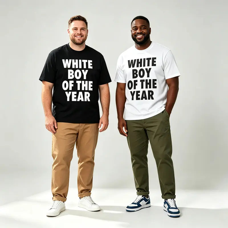 Men's "White Boy Of The Year" Oversized Round Neck Short Sleeve 100% Cotton Funny Graphic Viral Meme T-Shirt - Casual Trending Clothes Menswear (S-XXXXXL) for Pairing with Cargo Pants Crewneck