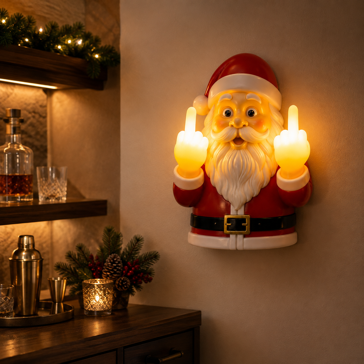 🎅 Light-Up Middle Finger Santa Wall Decor – Hilarious Christmas Decoration