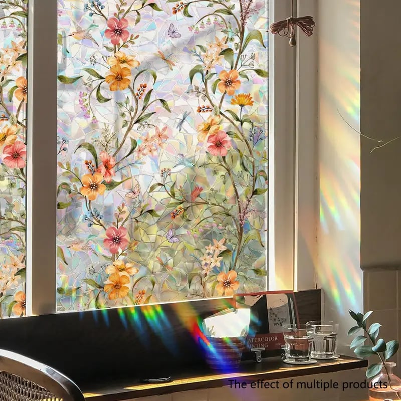 🔥Hot Sale 49% OFF –Floral Stained Glass Window Film 🌈 UV Blocking • Soft Privacy • Rainbow Light Effect