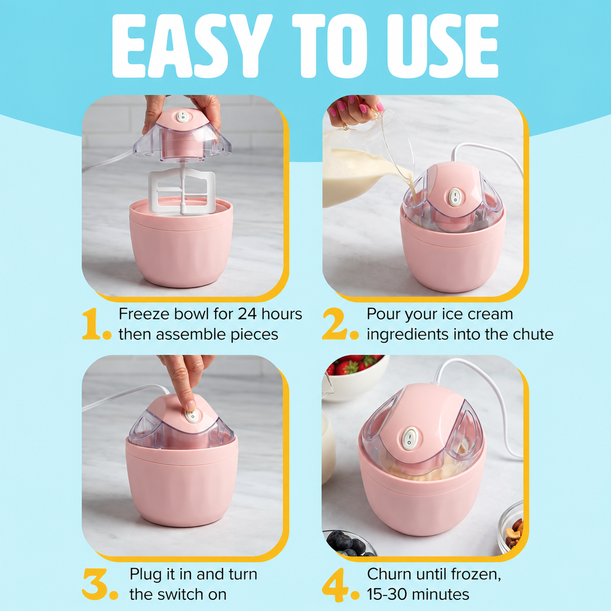 🍓 Compact Homemade Ice Cream Maker – One-Touch Frozen Dessert & Sorbet Machine