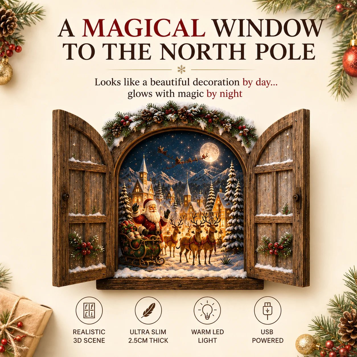 🎄Santa’s Secret Window Light – 3D Lighted North Pole Christmas Wall Decor🎅