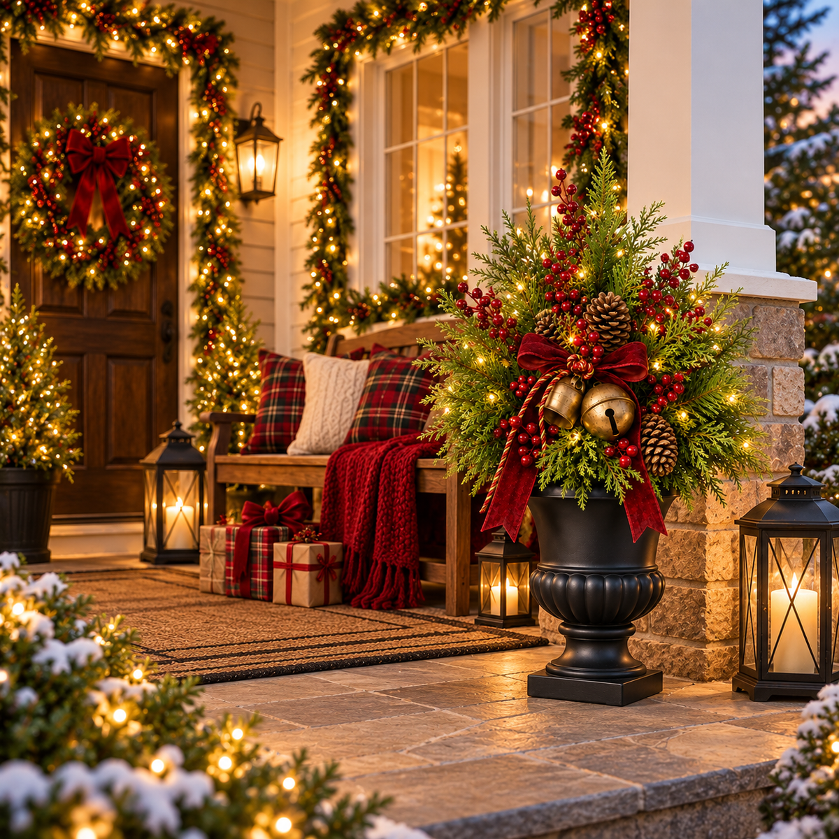 24-Inch Pre-Lit Artificial Christmas Evergreen Urn Filler with Berries, Pinecones & Vintage Bells
