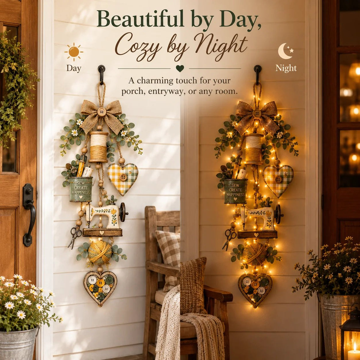 🔥Buy 2 Get 20% OFF🔥🧵✨ Rustic Wooden Sewing - Themed Hanging Ornament with Remote Control Fairy Lights