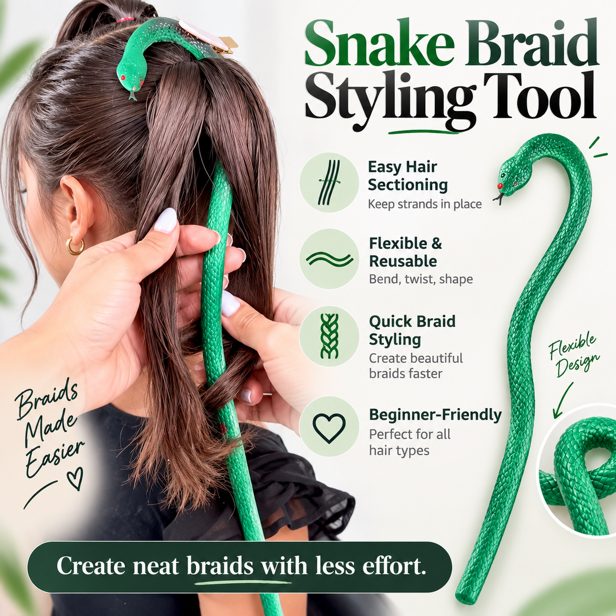 🐍 Flexible Snake Braid Styling Tool – Easy Hair Sectioning & Braiding Helper