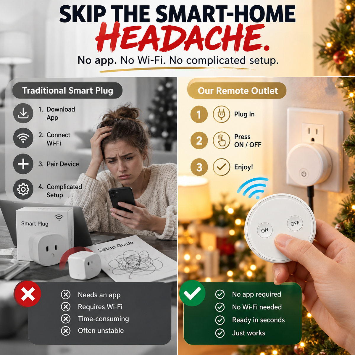 RF Wireless Remote Outlet – No App, No Wi-Fi, Magnetic ON/OFF Switch