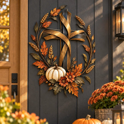 ✝️🍂 Autumn Cross & Pumpkin Harvest Metal Wall Decor