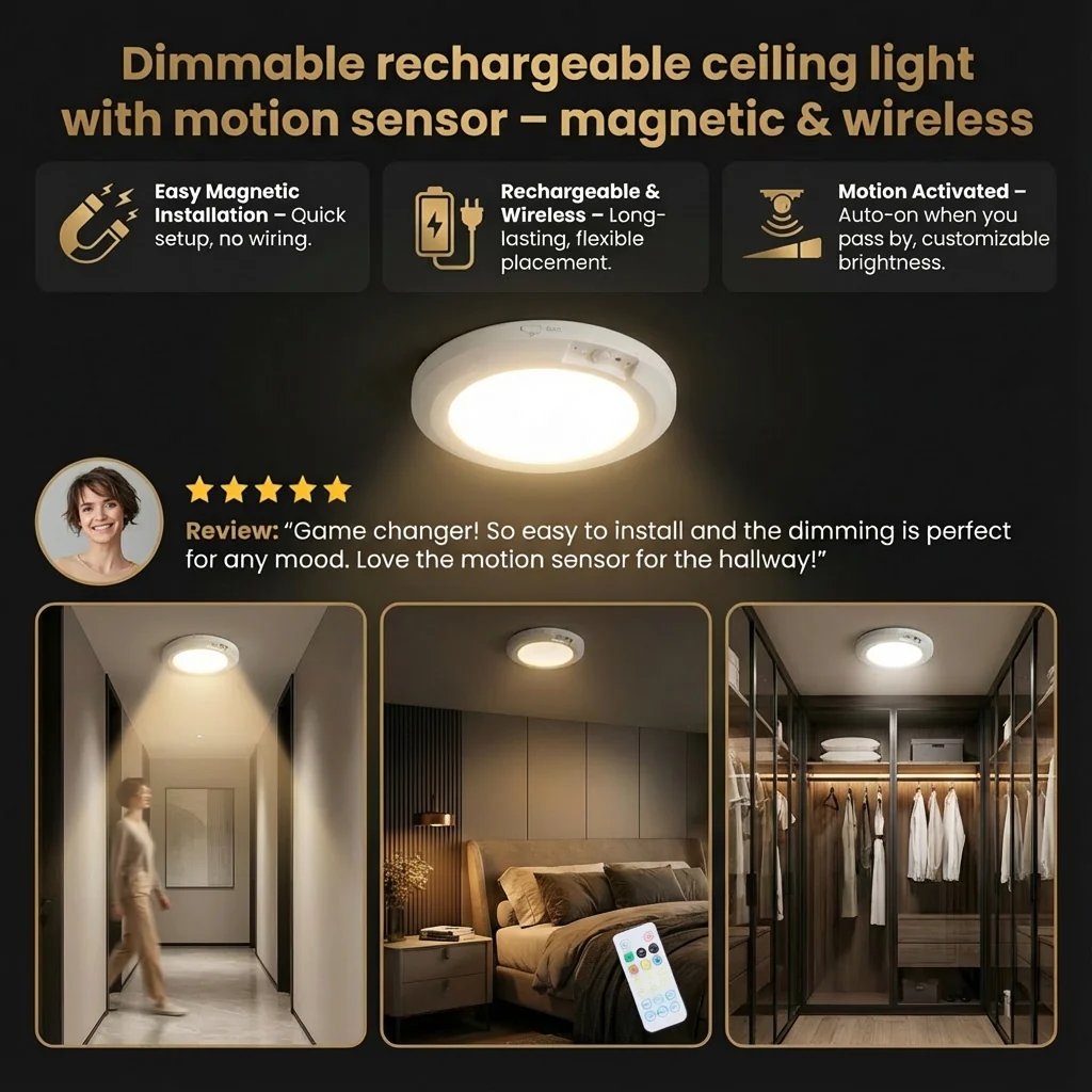 💡Rechargeable Magnetic Wireless Motion Sensor Ceiling Light with Remote