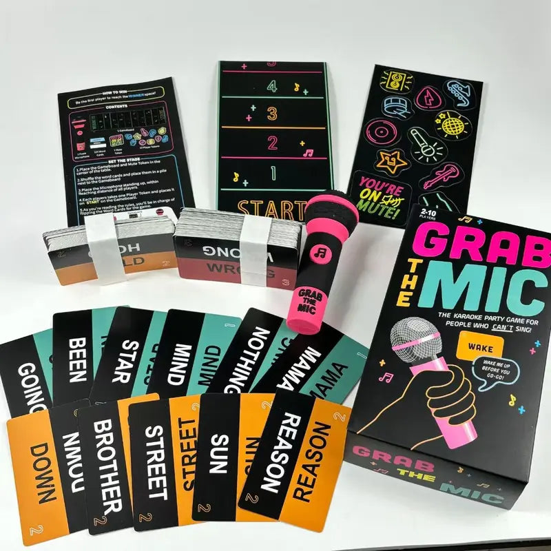 🎤 Grab The Mic! Karaoke Party Game Perfect for Non-Singers | Foam Mic, 125 Word Cards, Game Board & Tokens Included