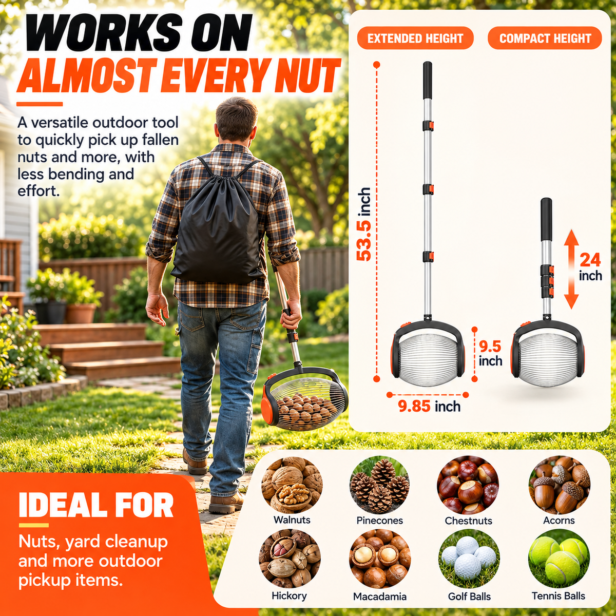🌰✨Telescopic Nut Picker with Foot Release – Rolling Collector for Walnuts, Acorns & Pinecones, Yard Cleaning Tool