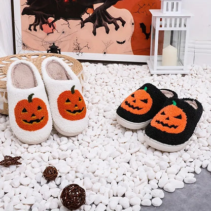 Women Men Comfy Faux Fur Lined Skull Pumpkin Plush Slippers