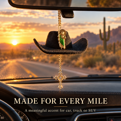 St. Jude Car Blessing Charm – Handmade Protection Ornament with Black Sombrero | Car Trinket & Decoration Gift