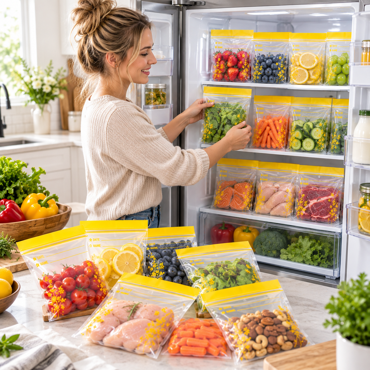 🥕 15-Pack Double-Seal Food Storage Bags – Clear Reusable Pouches for Fridge Organization & Meal Prep
