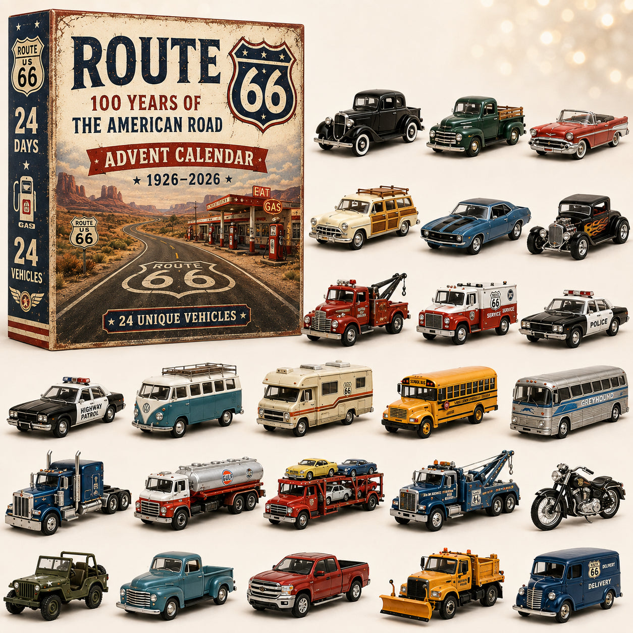🚗🎄 100 Years of Route 66 – 24-Day Classic American Vehicle Advent Calendar | 1926–2026 Collector’s Edition