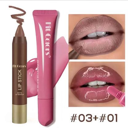 Matte Lip Liner & Moisturizing Lip Oil Set – Hydrating Nude Glossy Lip Kit