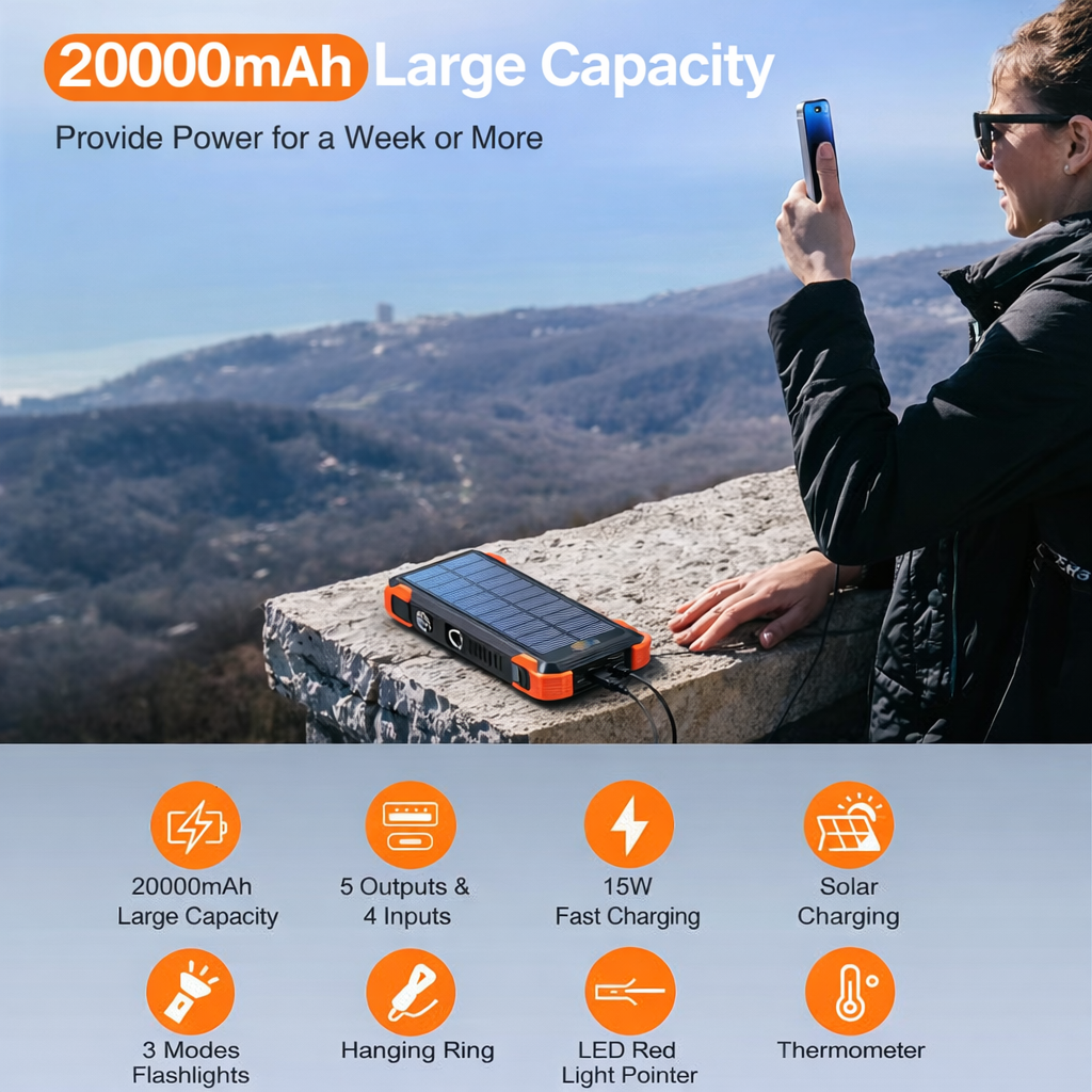 Outdoor High-Capacity Wireless Power Bank with LED Solar