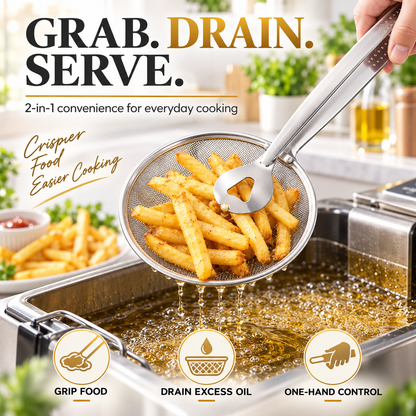 2-in-1 Spider Strainer Tongs – Stainless Steel Frying & Draining Tool
