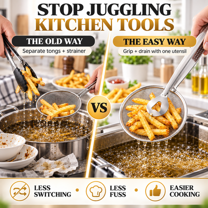 2-in-1 Spider Strainer Tongs – Stainless Steel Frying & Draining Tool