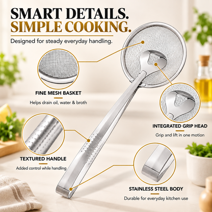 2-in-1 Spider Strainer Tongs – Stainless Steel Frying & Draining Tool