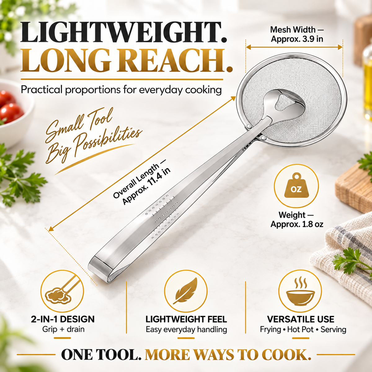 2-in-1 Spider Strainer Tongs – Stainless Steel Frying & Draining Tool