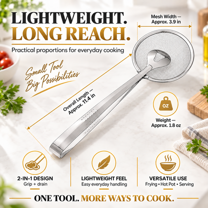 2-in-1 Spider Strainer Tongs – Stainless Steel Frying & Draining Tool