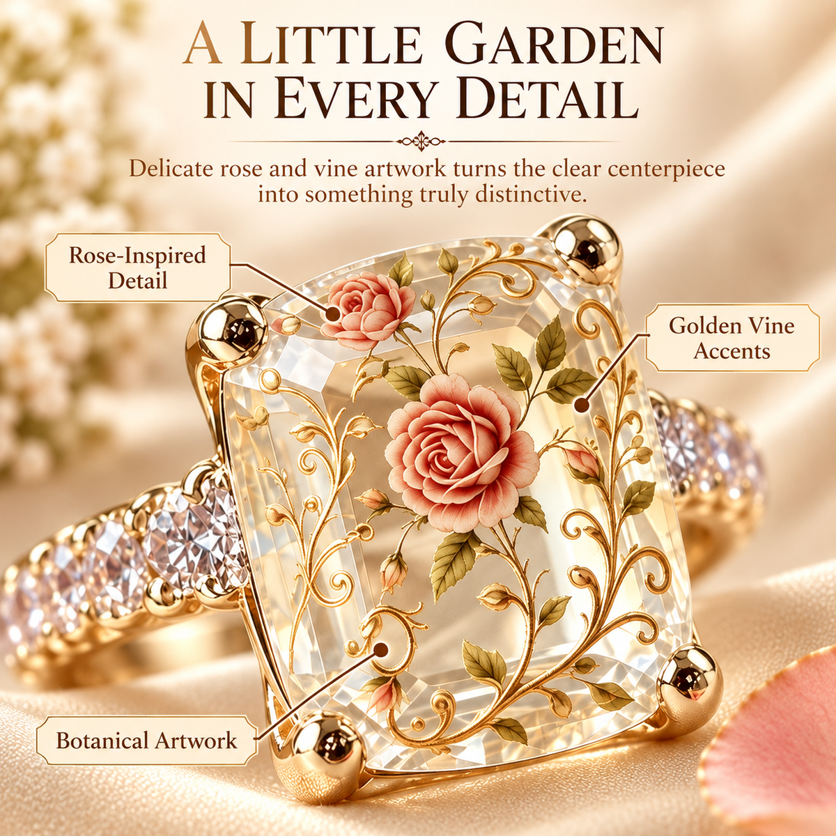 Vintage Rose Floral Statement Ring | Gold-Tone Band
