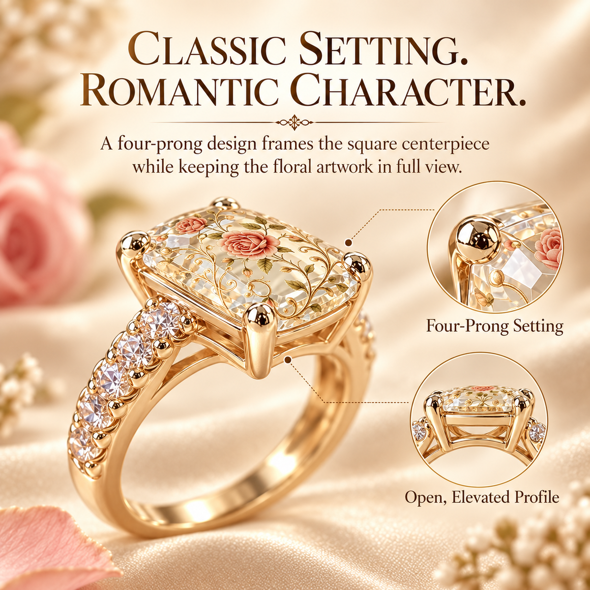 Vintage Rose Floral Statement Ring | Gold-Tone Band