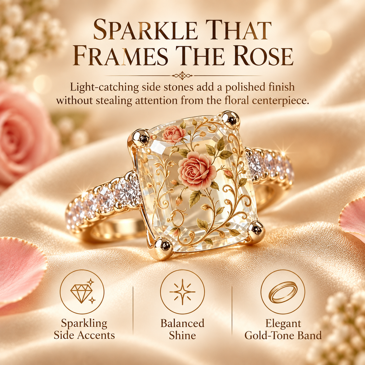 Vintage Rose Floral Statement Ring | Gold-Tone Band