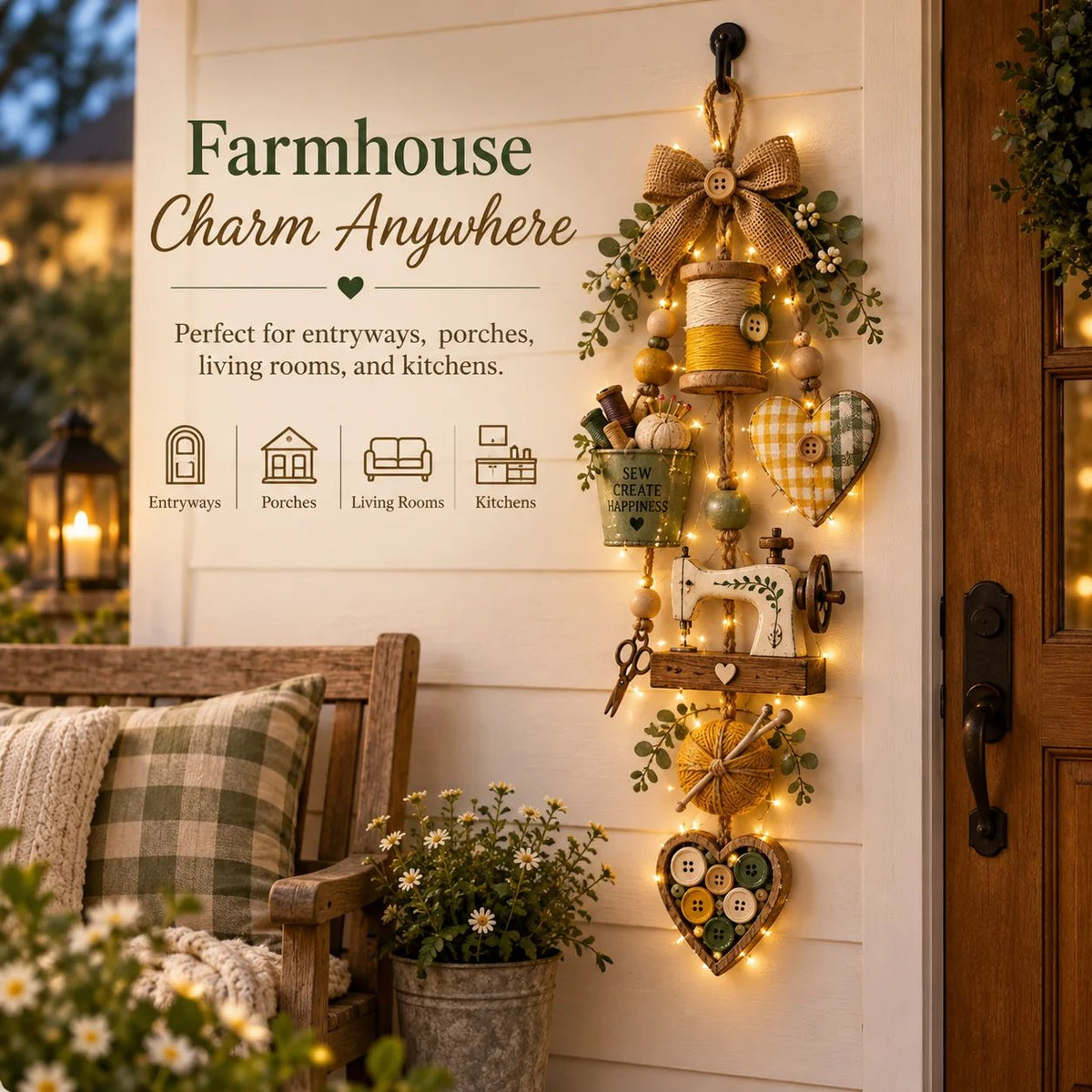 🔥Buy 2 Get 20% OFF🔥🧵✨ Rustic Wooden Sewing - Themed Hanging Ornament with Remote Control Fairy Lights